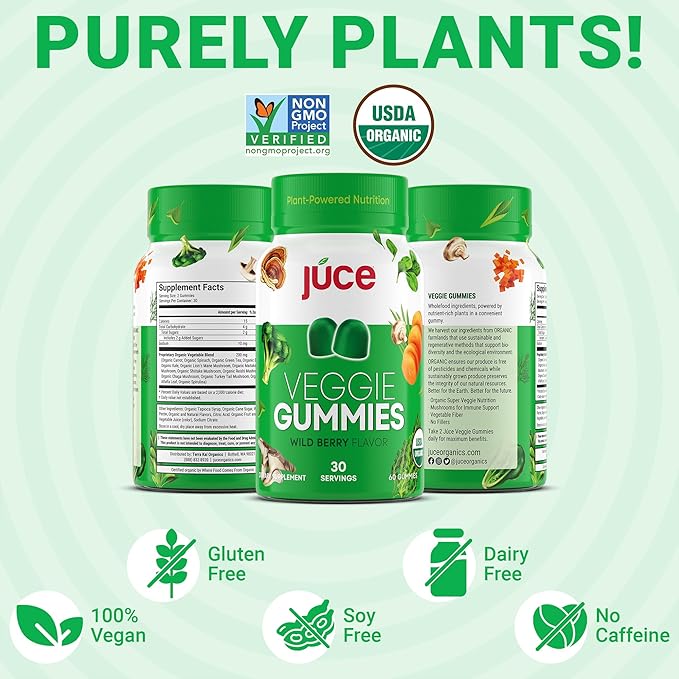Júce Veggie Whole Superfood Gummies, Wild Berry Flavor - Plant-Based Energy, Vegan, Non-GMO, Soy Free, Nutrient-Packed, By Terra Kai Organics