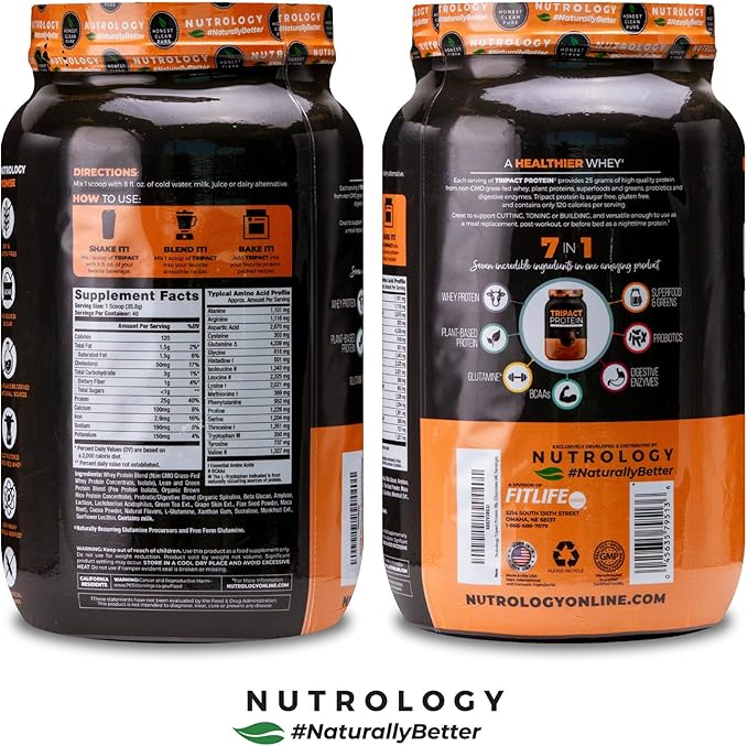 Nutrology TRIPACT Protein Powder, Creamy Chocolate, 7-in-1 Meal Replacement Shake with Grass Fed Whey Protein Powder, Pea Protein Powder, Greens, Probiotics & BCAAs, 40 Servings