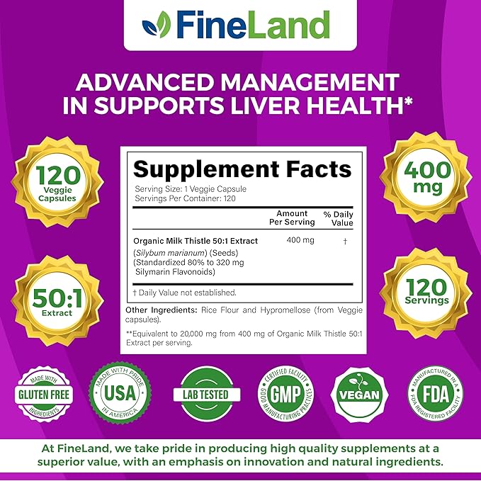 FineLand Milk Thistle 50:1 Silymarin Extract, 20,000 mg Equivalent per Capsule, Liver Cleanse & Detox Support, Antioxidant Liver Health Supplement, 120 Vegan Capsules, Non-GMO, Natural
