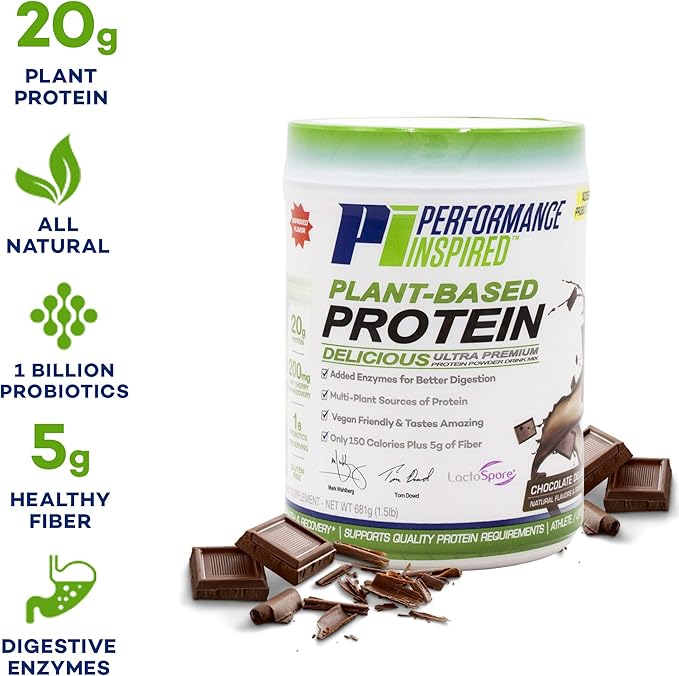 Performance Inspired Nutrition Plant Protein Powder - All Natural - 20G - 1B Probiotics - Digestive Enzymes - Fiber Packed - G Free - Chocolate Delight - 1.5lb