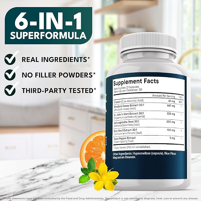 NEW AGE St Johns Wort, Rhodiola Rosea, Holy Basil, Ashwagandha - Support for Women and Men with Vitamin C & Black Pepper Extract - 120 Count