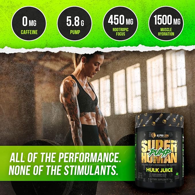 ALPHA LION Superhuman Pump Pre Workout Powder, Nootropic Caffeine & Stim Free Preworkout Supplement, Nitric Oxide Booster, Muscle Gainer, Energy & Focus (42 Servings, Hulk Juice Flavor)