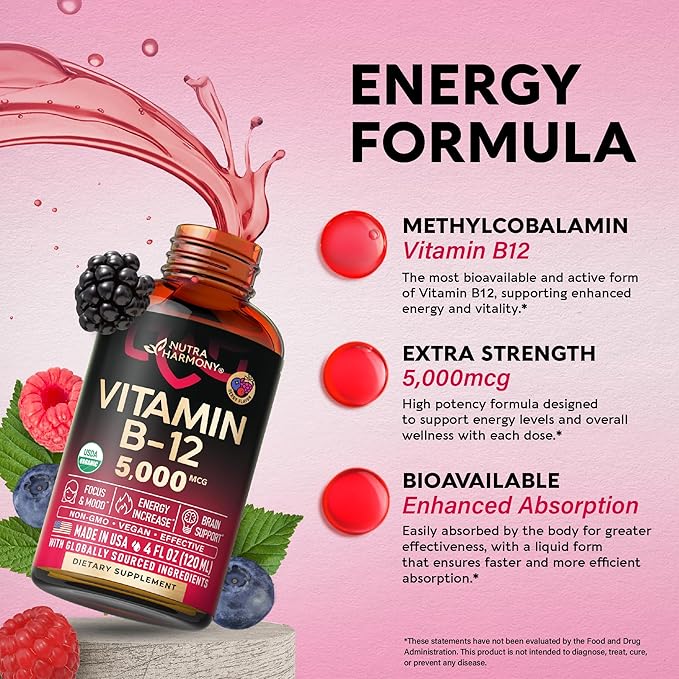 USDA Organic Vitamin B12 Sublingual Drops - 5000 mcg Liquid Vegan Methylcobalamin - Energy Boost, Focus & Mood, Metabolism & Brain Health Support - Maximize Absorption - 4 Month Supply, 4 fl oz