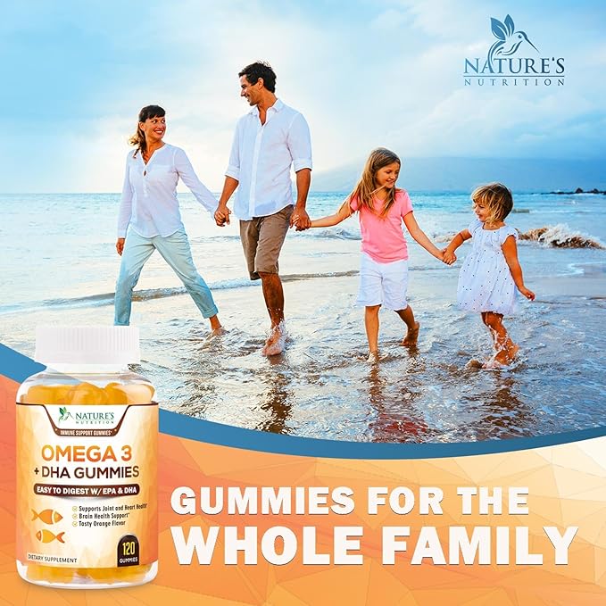 Omega 3 Fish Oil Gummies, Heart Healthy Omega 3 Gummy Supplement with High Absorption DHA & EPA, Extra Strength Joint & Brain Support, Delicious Orange Flavor Fish Oil Nature's Vitamin - 120 Gummies