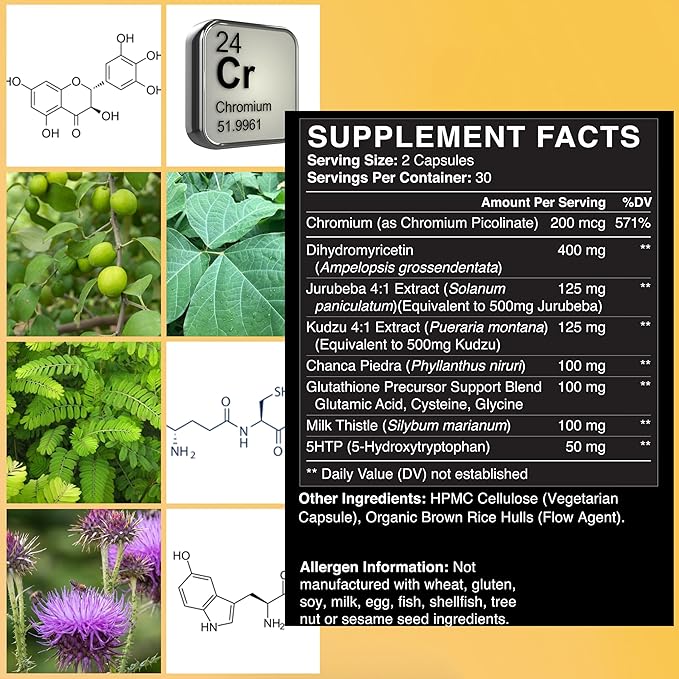 Cravings Management for Better Morning - Third Party Tested - with Kudzu,Milk Thistle,Jurubeba,Chanca Piedra,5HTP - 60 Vegan Capsules, Made in The USA