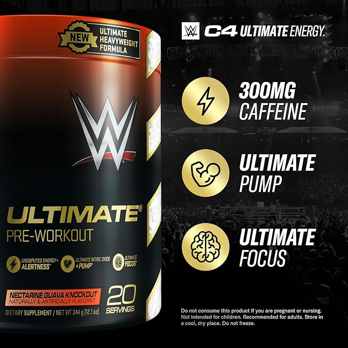 Cellucor C4 Ultimate x WWE Pre Workout Powder Nectarine Guava Knockout - Sugar Free Preworkout Energy Supplement for Men & Women - 300mg Caffeine + 3.2g Beta Alanine + Patented Creatines - 20 Servings