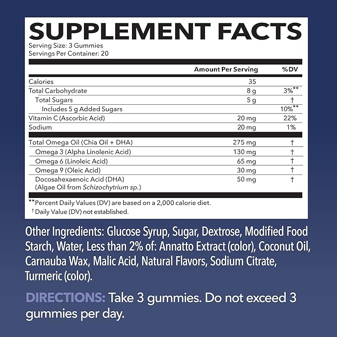Omega 3 Gummies for Adults Boosted with Omega 6 and Omega 9 - DHA + EPA Plant-Based Fish Oil Alternative - Support Brain & Immune System Function - Orange & Lemon Flavor - 60 Omega Gummies for Adults