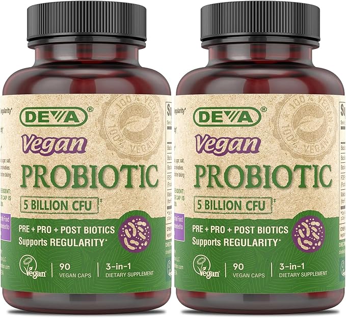 DEVA Vegan Probiotic, 5 Billion CFU 2-Pack – Dairy-Free FOS Prebiotics, Probiotics & Postbiotics, Digestive Health, Gut Support, 90 Vegan Caps Ea
