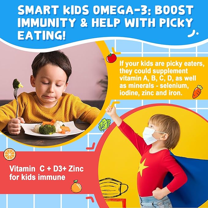 Omega 3 Gummies (EPA/DHA) for Kids 4+, Kids Multivitamin A B1 B2 B12 C D3 K2, Calcium Gluconate, Zinc, Selenium, lodine for Brain Cognition, Eye, Bone, Energy, Immune, No Fish Taste,Sugar Free