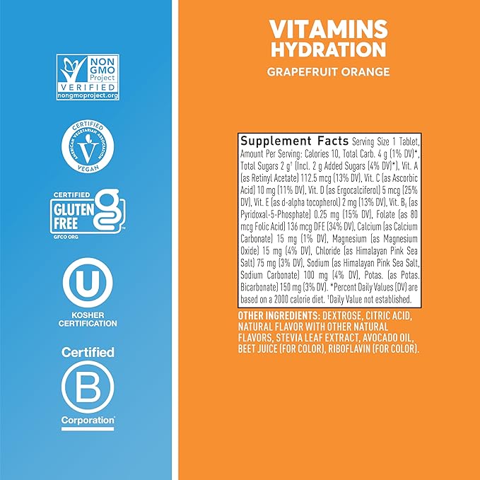 Nuun Hydration Vitamins Electrolyte Tablets, Grapefruit Orange, 5 Essential Electrolytes for Hydration + Vitamin A, B6, C, D, E, with Magnesium, Vegan, Non-GMO, 8 Pack (96 Servings)