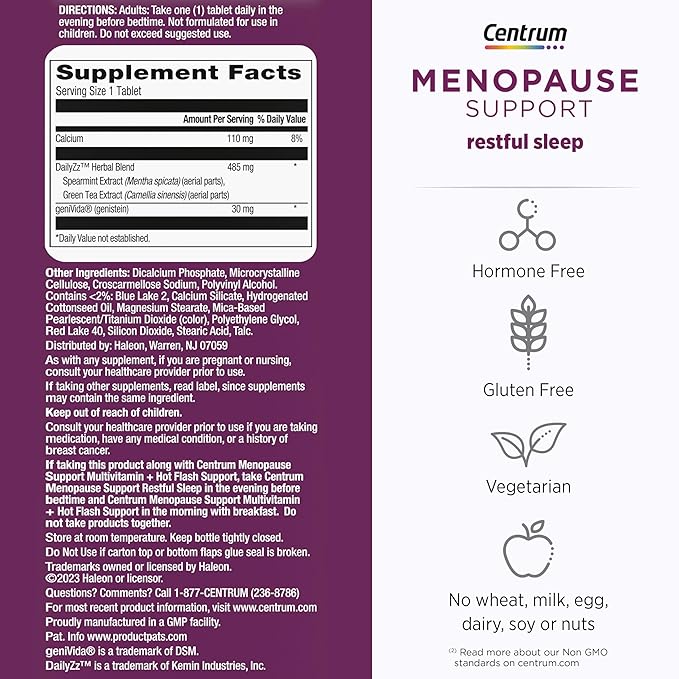 Centrum Restful Sleep Menopause Support Tablets, Supplement with Clinically Studied DailyZz and geniVida, 28 Count