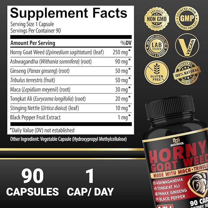 BMVINVOL Horny Goat Weed Capsules with Maca, Ginseng, Tribulus Terrestris, Ashwagandha, Black Pepper - 90 Count for 3 Month Supply