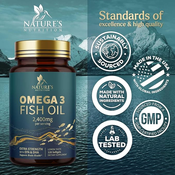 Triple Strength Omega 3 Fish Oil - 2400 mg Natural Omega-3 Supplements Support Brain, Heart & Joint Health with EPA & DHA Essential Fatty Acids - Lemon Flavor, Burpless, Wild Caught - 120 Softgels