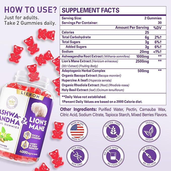 Ashwagandha & Lions Mane Gummies for Adults -Cortisol and Brain Health, 4000mg Ultra Strength Lion's Mane Mushroom Supplements for Cognitive & Immune, Berry Flavor - 420 Organic Mushroom Gummies