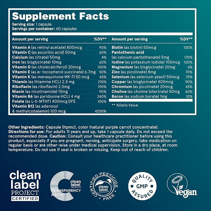 Puori Multi-Vitamin and Mineral Complex - 60 Vegan Capsules - Vegan Certified with 13 Essential Vitamin and 9 Minerals - for Overall Health, Nervous and Immune System - Dairy-Free, Vegetarian