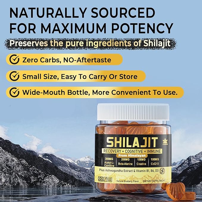 Men's & Women's Organic Shilajit Gummies Sugar Free with CoQ10, Ashwagandha, L-Tyrosine, B6 - Pure & Natural from Himalayan for Immune Support, Brain Function - 60 Count (Pack of 2)