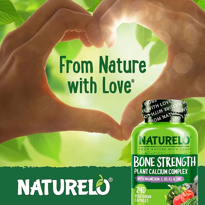 NATURELO Calcium Supplement - with Vitamin C, Vitamin D3, K2, and Calcium Magnesium Zinc for Bone Strength with Calcium 600mg - Plant-Based, 240 Vegetarian Capsules, Non-GMO, Soy & Gluten-Free