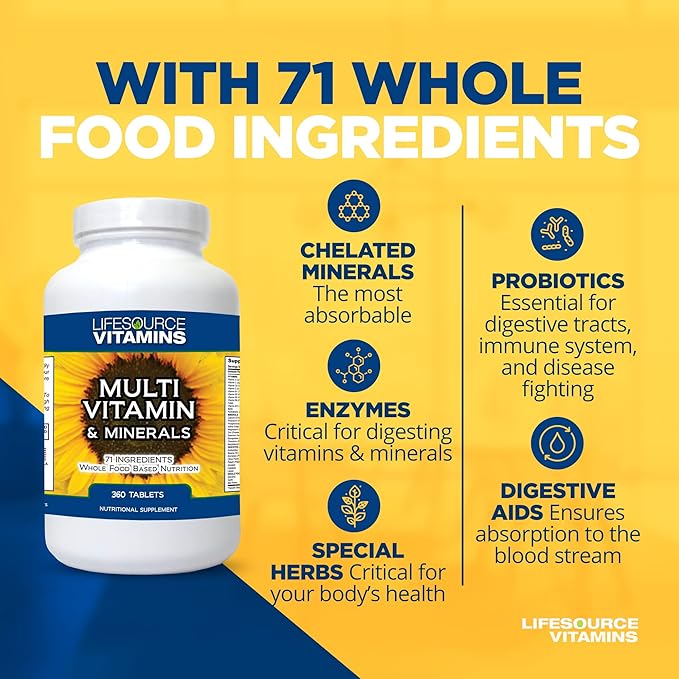 LifeSourceVitamins LifeSource Vitamins Whole Food Multivitamin & Minerals with 71 All Natural Ingredients, Probiotics, Digestive Enzymes, Chelated Minerals and Non-GMO, 360 Tablets