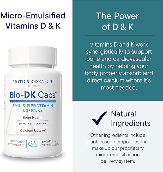 Biotics Research Bio-DK Caps™–Emulsified Vitamin D and K, Vitamin D3 125 mcg & Vitamin K (k1,k2) 550 mcg- MK7– Vitamin D3 K2 K1, Stronger Bones, Musculoskeletal Strength, Healthy Heart & BMI 60 Caps