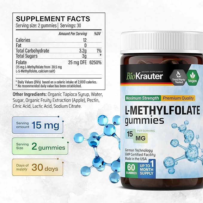 BIO KRAUTER L Methylfolate Gummies - 25 mg DFE - 60 Vegan Chews - MTHF Supplement - Folate Supplement - Folic Acid Gummies (Vitamin B9) - Gelatine-Free Formula