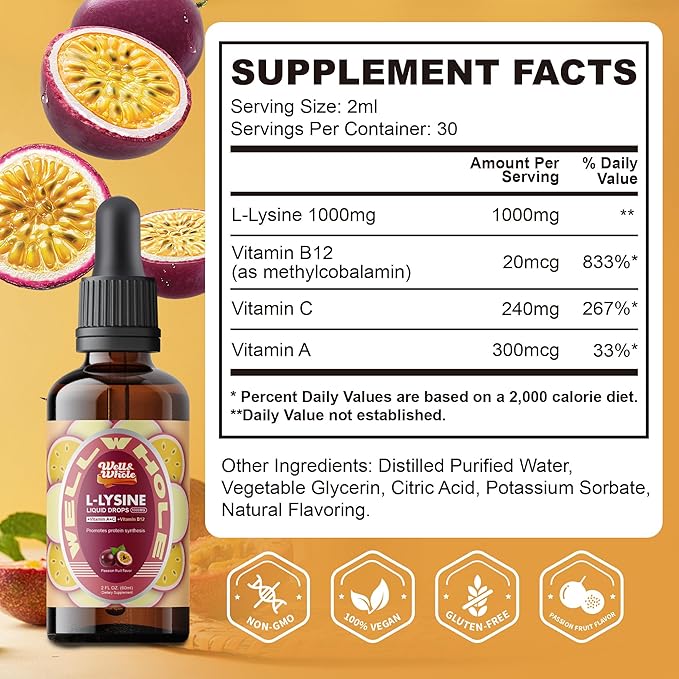 L-Lysine Supplement Liquid Drops | L-Lysine Vitamins 1000mg Tincture with Vitamin A, C, and B12 | Immune Support, Skin & Lips Health, Collagen Synthesis & Muscle Recovery | Non-GMO, Vegan,2 Fl Oz