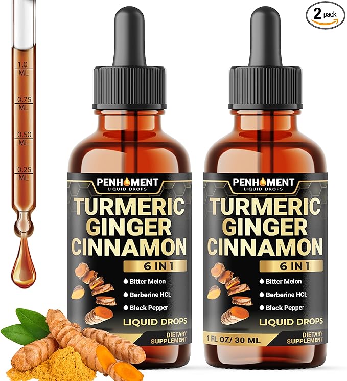 6in1 Liquid Turmeric Curcumin with Ginger, Berberine, Ceylon Cinnamon, Bitter Melon, Black Pepper - Drops Extract for Joint Support - 2Packs of 1 Fl Oz