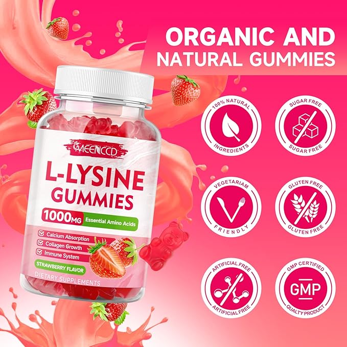 2 Pack L-Lysine 1000mg Gummies, Lysine Supplement for Adults & Kids, Essential Amino Acid for Oral & Lips Health, Boost Immune & Calcium & Collagen, Sugar-Free, Strawberry Flavor, 120 Count