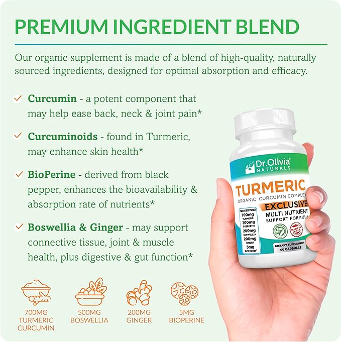 Dr. Olivia's Organic Turmeric Complex with Curcumin Boswellia Ginger & BioPerine - 60 Capsules