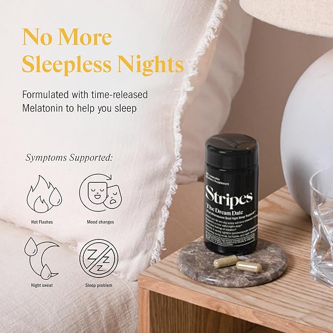 Stripes Beauty Naomi Watts The Dream Date Good Night Sleep Support Supplement Relieve Hot Flashes Racing Thoughts Sleeplessness Nighttime Menopause Support 30 Ct