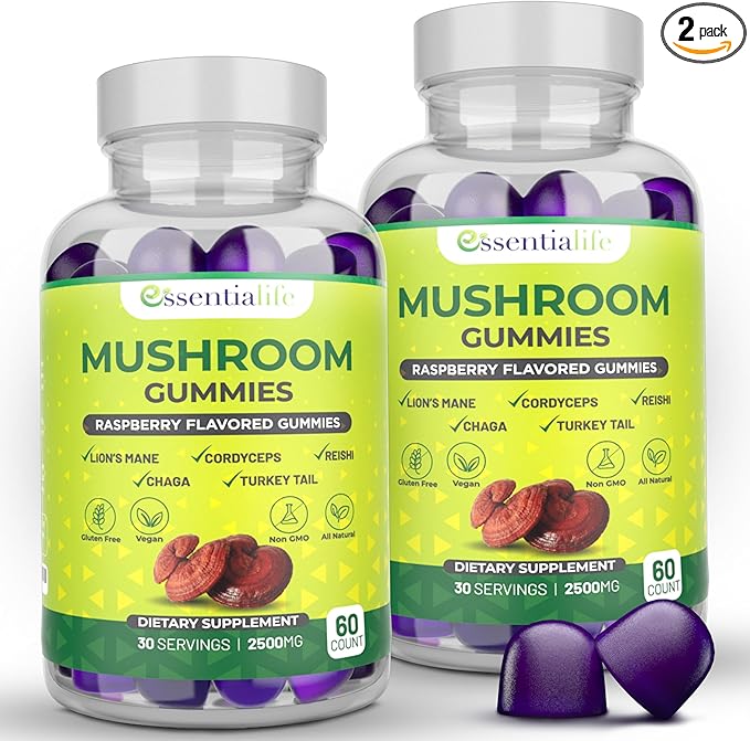 Mushroom Gummies Lions Mane Supplement Mushroom Supplement with Lions Mane, Turkey Tail, Cordyceps, Reishi, Chaga Extract | Brain Health and Immune Support Gummies, 120 Count