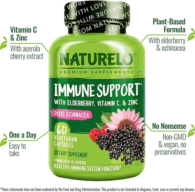 NATURELO Immune Support – Vitamin C, Elderberry, Zinc, Echinacea – Natural Immunity Boost w/Antioxidant, Herbal & Mineral Defense - Twin Pack - 120 Vegan Capsules