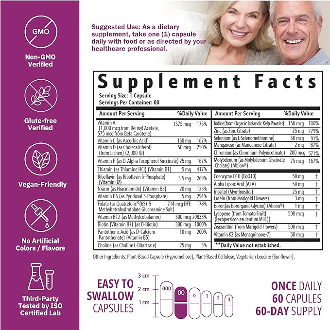 Just One Daily Methylated Multivitamin with Methyl B12, Quatrefolic Methylfolate, Pure MTHFR Supplement for Men and Women Without Iron, 2 Bottles (60 Vegan Capsules), USA-Made
