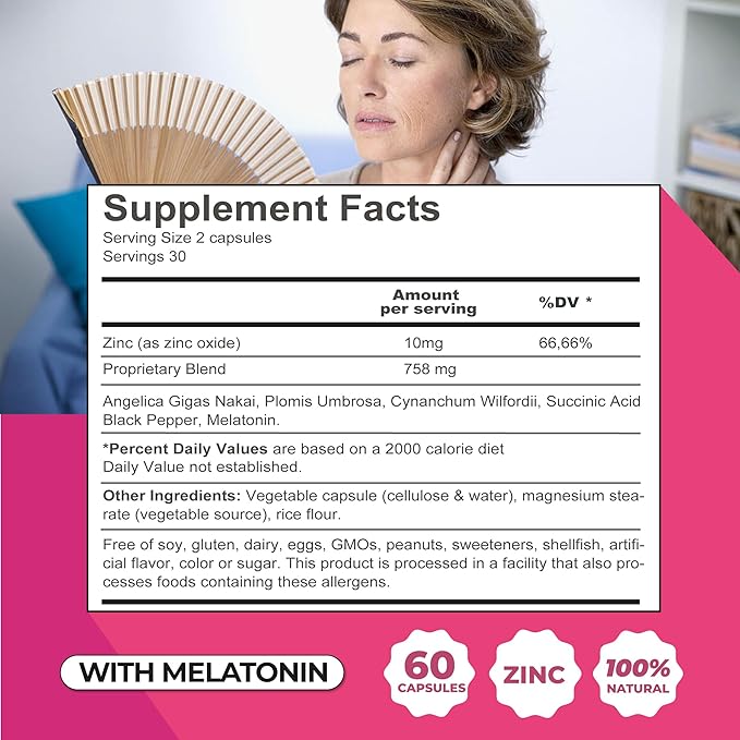 ZENZSUAL Bye Bye Menopause with Melatonin Supplements for Women – Menopause Relief & Hormone Balance - Reduces Hot Flashes, Night Sweats, and Mood Swings (60 Capsules)