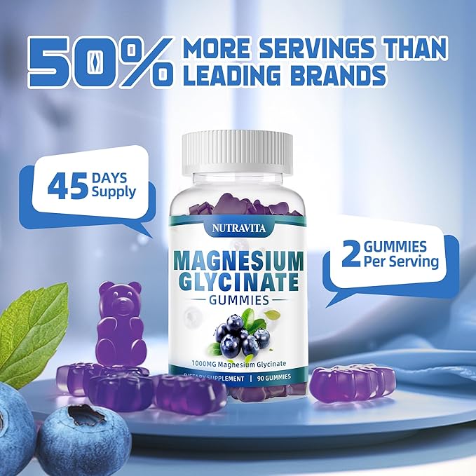 Magnesium Glycinate Gummies 1000mg with Magnesium L-Threonate,Chelated Magnesium Potassium Complex Supplement with VitD, B6, CoQ10, Calcium,Supports for Memory, Calm, Mood - 180 Gummies Blueberry
