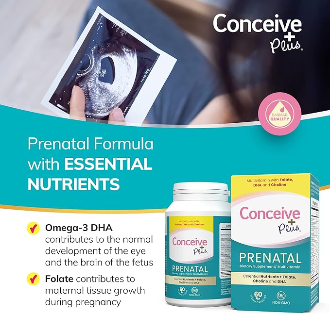 Conceive Plus Prenatal Vitamins for Women Supplement - Multivitamin With Folic Acid for Pregnancy Vegan, Choline, Iron - Pre Natal Vitamins DHA, Non GMO - Maternity Vitamin for Brain & Eye 60 Capsules