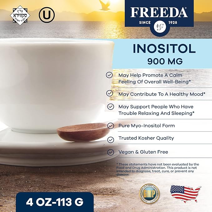 FREEDA Pure Inositol Powder – Myo-Inositol for Mood & Hormone Balance, Kosher, Vegan, Gluten-Free, No Additives, Easy-to-Mix (4 oz, 125 Servings, 4-Month Supply) – Supports PCOS & Fertility