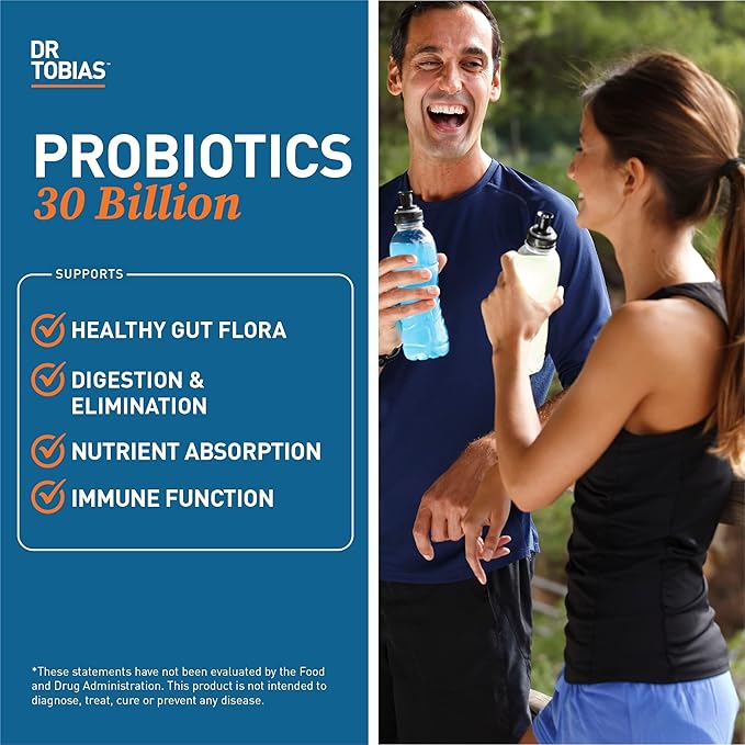 Dr. Tobias Probiotics 30 Billion, 10 Strains, 30 Billion CFU's, Targeted Release Probiotics for Women & Men, Supports Digestive Health, Shelf-Stable, Non-GMO, 90 Capsules, 90 Servings