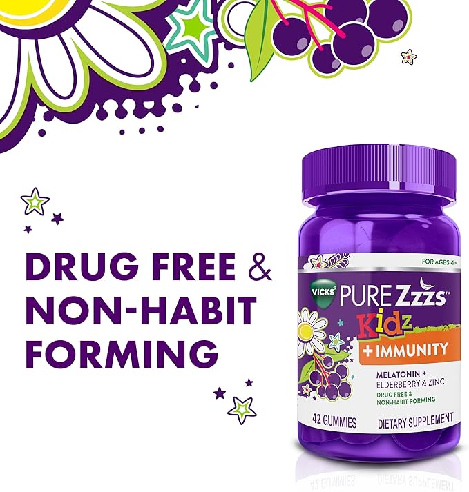 VICKS PURE Zzzs Kidz + Immunity, Kids Melatonin Gummy, Sleep Aid, Low Dose Melatonin for Kids, Zinc for Immune Support, Melatonin 1 mg, Melatonin Gummies Kids, Berry Flavor, 60 Sleep Gummies
