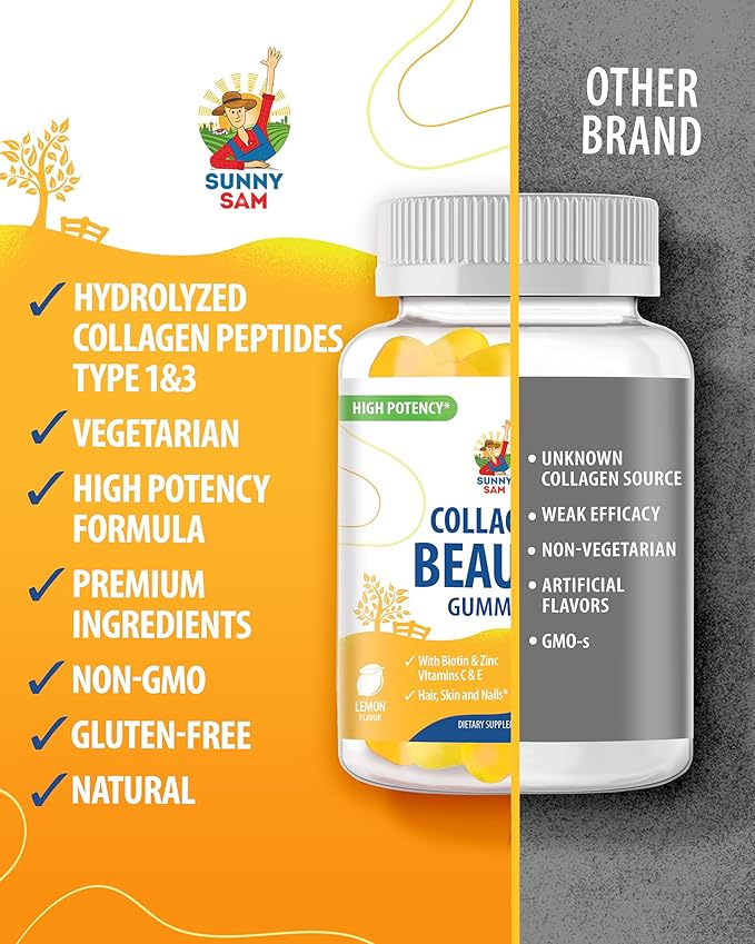 SUNNY SAM Biotin Collagen Gummies for Women & Girls - Low Sugar 60 Chewable Beauty Collagen Gummies for Enhanced Hair Skin and Nails - Biotin, Vitamin A, Zinc Supplement - Natural Lemon Flavor