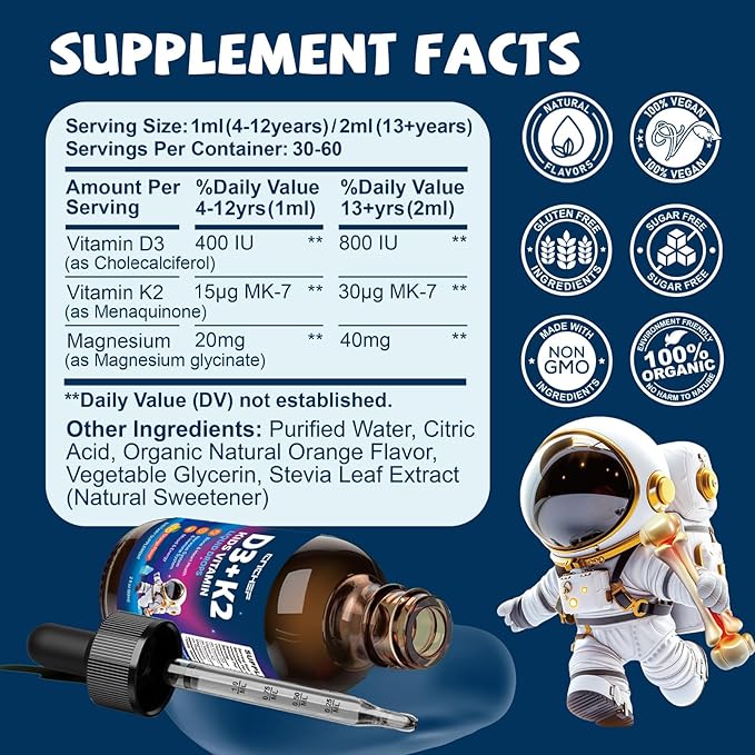 Vitamin D3 K2 Drops for Kids - Liquid Supplement with Magnesium for Calcium Absorption, Joint Health, Teeth & Heart - Non-GMO, Vegan, Orange, 2 Fl Oz - Kids Ages 4+