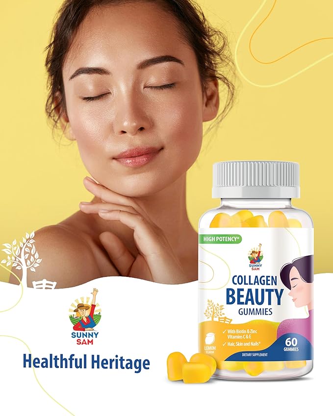 SUNNY SAM Biotin Collagen Gummies for Women & Girls - Low Sugar 60 Chewable Beauty Collagen Gummies for Enhanced Hair Skin and Nails - Biotin, Vitamin A, Zinc Supplement - Natural Lemon Flavor