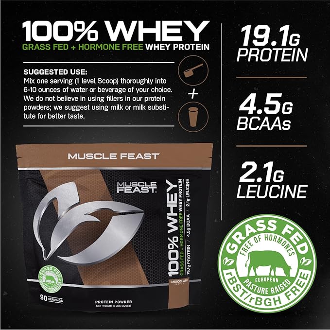 Muscle Feast 100% Grass-Fed Whey Protein, Pastured Raised Hormone Free All Natural, Chocolate, 5lb