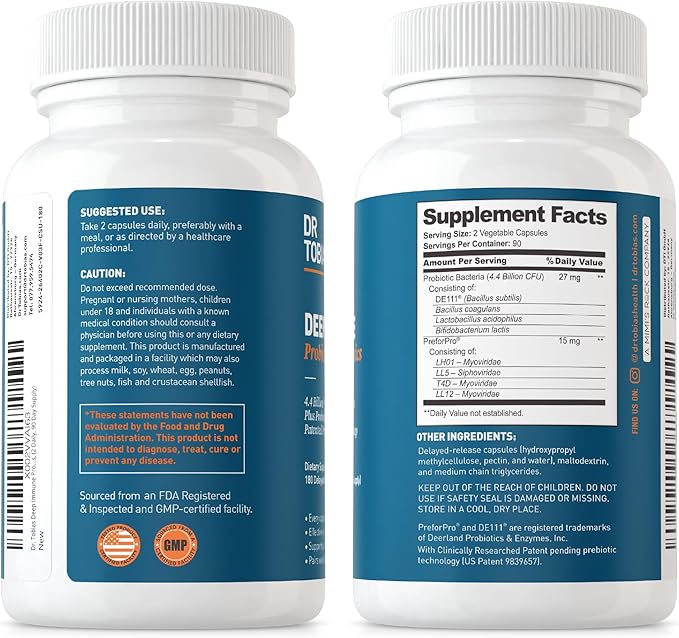 Dr. Tobias Deep Immune Probiotics & Prebiotics, 4.4 Billion CFU Probiotics for Women & Men, Supports Digestive Health, Gut Immune Function, Nutrient Absorption, 180 Capsules, 90 Servings