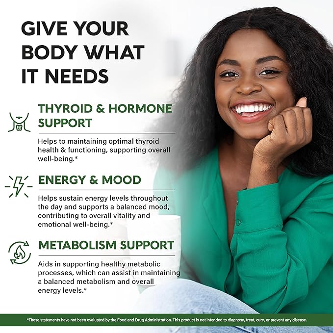 Thyroid Support for Women - Selenium 200 mcg | Zinc & Iodine | L-Tyrosine | Magnesium | Adaptogen Herbs - 21-in-1 Antioxidant & Immune Support - Vegan, Non-GMO, Lab Tested - 60 Capsules, Made in USA