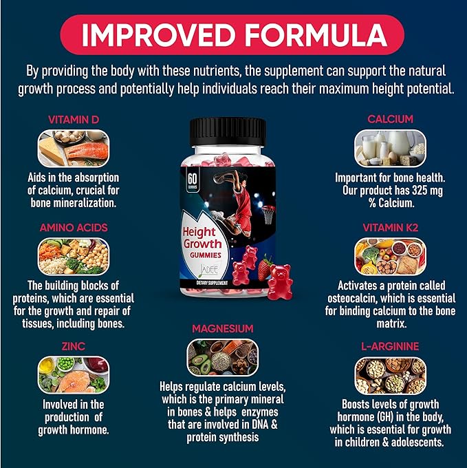325mg Calcium Gummies Height Growth for Kids Advanced Ashwagandha, Zinc, L-Arginine, Vitamins D,C,K2, Magnesium, Bone Strength, Development & Height Increase Growth Vitamins for Teens Height Ages 5-20