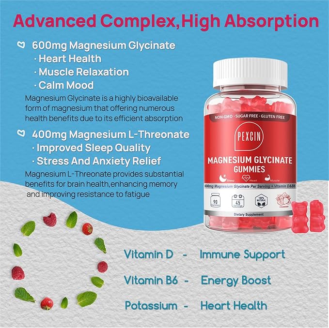 Magnesium Glycinate Gummies for Adults & Kids, 1000mg High Absorption Magnesium Complex Supplement, Sugar Free with Potassium,Vitamins for Calm, Sleep Supprt, Stress Relief, 90 Counts