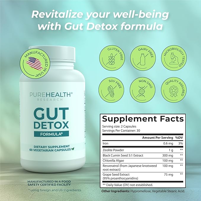 PUREHEALTH RESEARCH Gut Cleanse Formula Digestion Supplement - Comprehensive Gut Cleanse with Zeolite Detox & Zeolite Clinoptilolite - Cleanse Harmful Chemicals for Optimal Wellness -1 Bottle