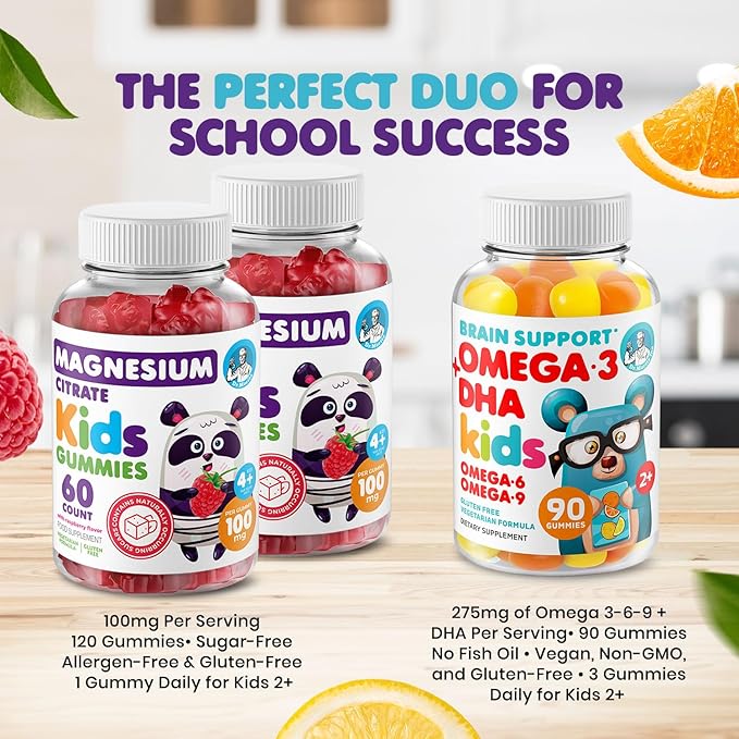 DR. MORITZ Calm Magnesium Gummies for Kids (60 Count, 2 Pack) and Kids Omega 3 Gummies (90 Count) Bundle - Low Sugar, Vegetarian, No Fish Oil