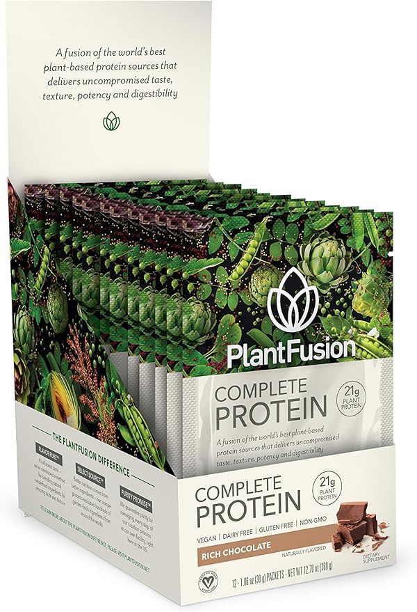 PlantFusion Complete Vegan Protein Powder - Plant Based Protein Powder with BCAAs, Digestive Enzymes and Pea Protein - Keto, Gluten Free, Soy Free, Non-Dairy, No Sugar, Non-GMO - Chocolate Pack of 12