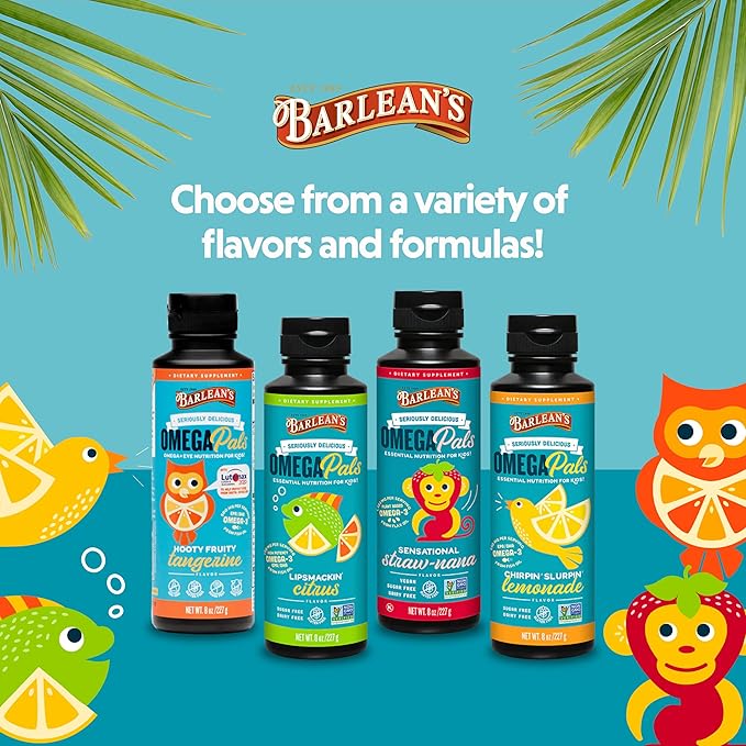 Barlean's Omega Pals Omega 3 for Kids, Yummy Straw-Nana Flavored Children's Liquid Flax Seed Oil Supplement with 1,483 mg ALA, Non-GMO, Vegan Brain and Eye Health, 8 oz